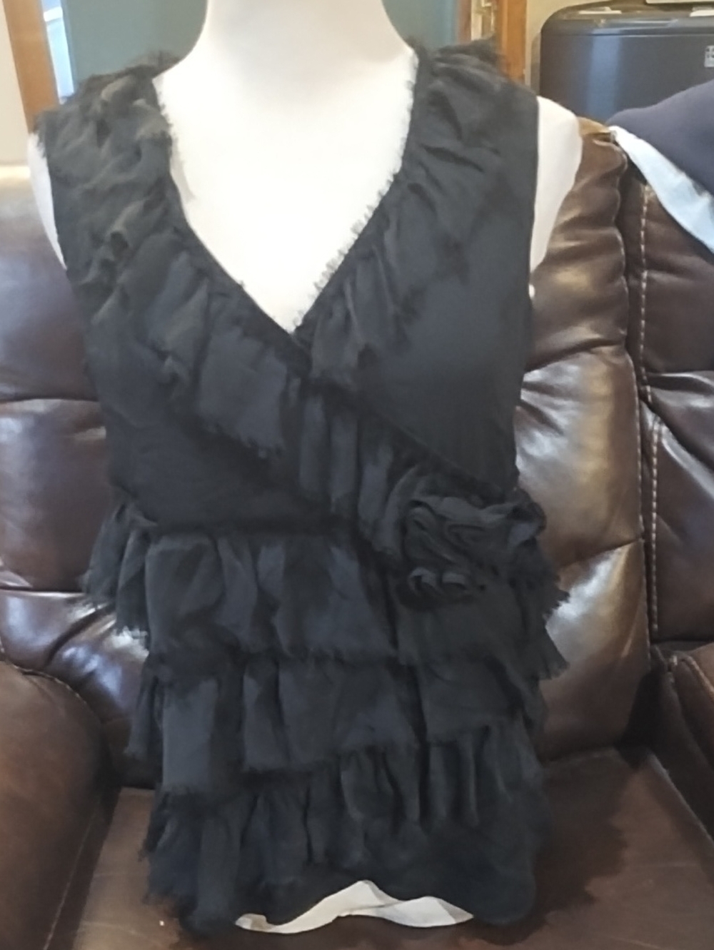 Adiva Black Ruffle Wrap Camisole with Floral Rosette